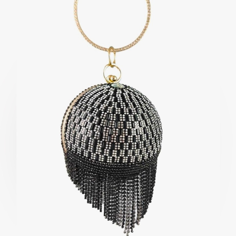 NWT-Crystal & Bead Embellished Disco Ball Convertible Wristlet Evening Bag